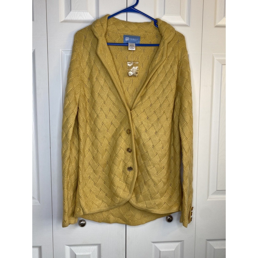 Cardigan Sweater Button Front Basket Weave Knit Yellow Women's NOS Sz Med
